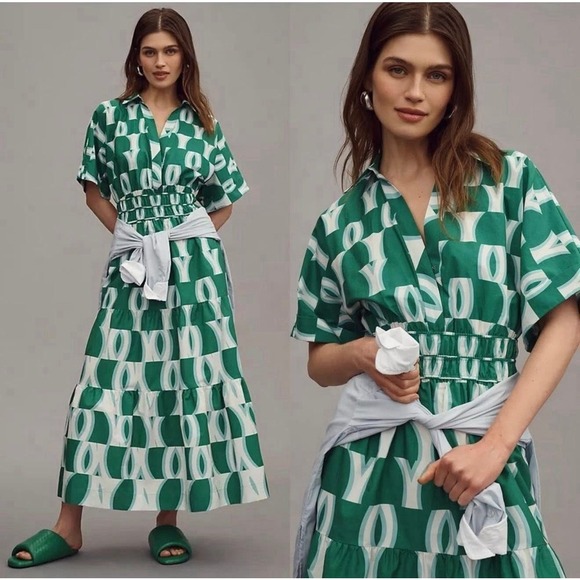 Anthropologie Dresses & Skirts - Anthropologie The Somerset Maxi Dress Green Ruched Waist Geometric Artsy Chic M